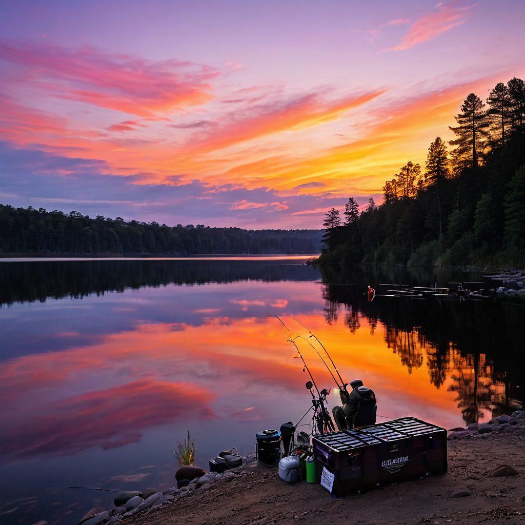 A scenic lakeside view featuring an array of fishing gear laid out, including high-quality rods, reels, and tackle boxes. In the background, a calm water surface reflects the sunset, with silhouettes of fishermen casting lines. Create a sense of adventure and relaxation, showcasing the beauty of nature and the joy of recreational fishing. vibrant colors. super-realistic.