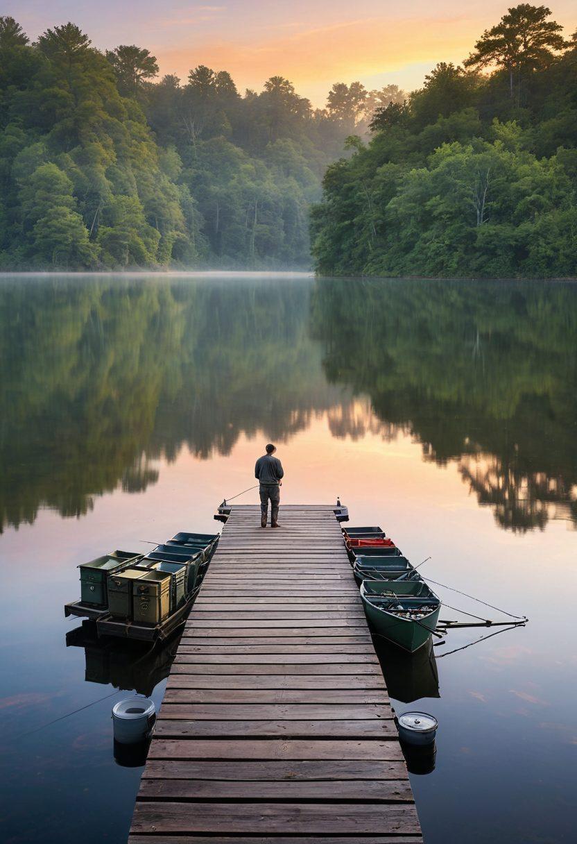 A serene lakeside scene at dawn, featuring an array of angling essentials like fishing rods, tackle boxes, and bait laid out neatly on a wooden dock. In the background, a tranquil water surface reflects soft pastel skies, while a silhouette of a fisherman casts his line into the water. Include lush greenery framing the lake and a hint of mist rising off the water for a mystical touch. super-realistic. vibrant colors. nature-inspired.